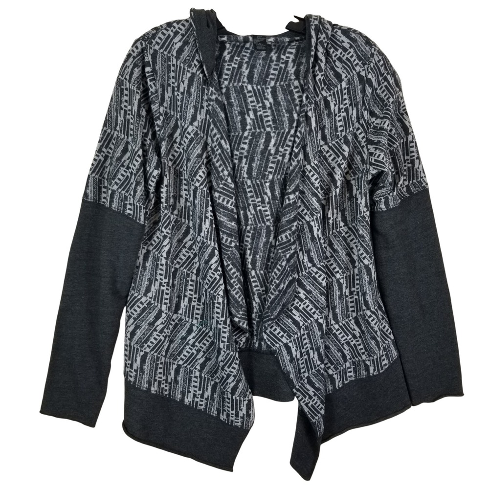 Prana Breathe Gray Geometric Open Front Hooded Cardigan XL Organic Cotton Blend